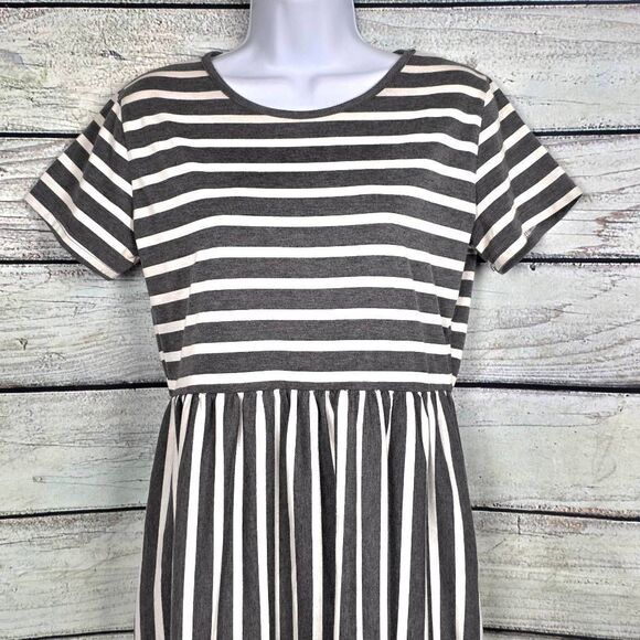 Tickled Teal Gray & White Striped Midi Dress M - Picture 2 of 10